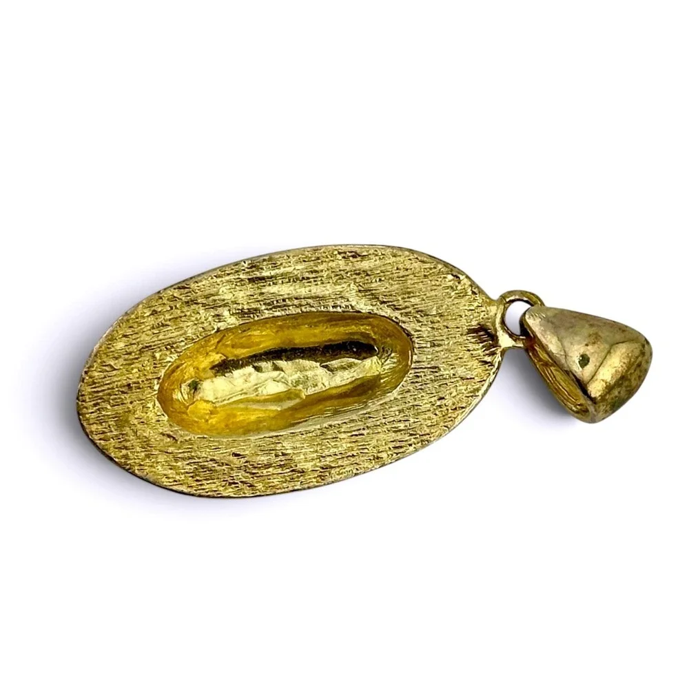 Vintage Southwestern Two Tone Silver Gold Oval Pendant Hand Stamped 2.5